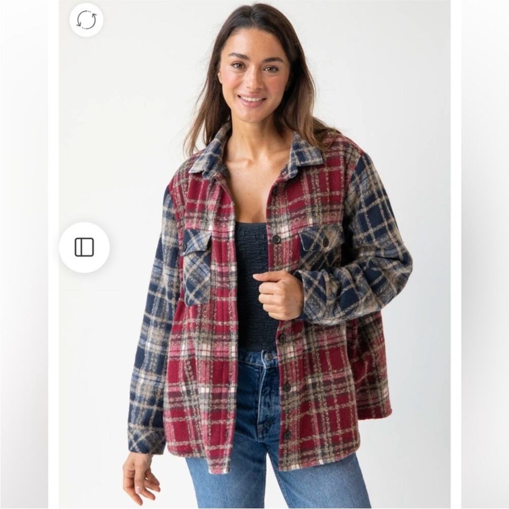 Natural Life Red & Blue Plaid Sherpa Lined Cozy Flannel Jacket Shacket M